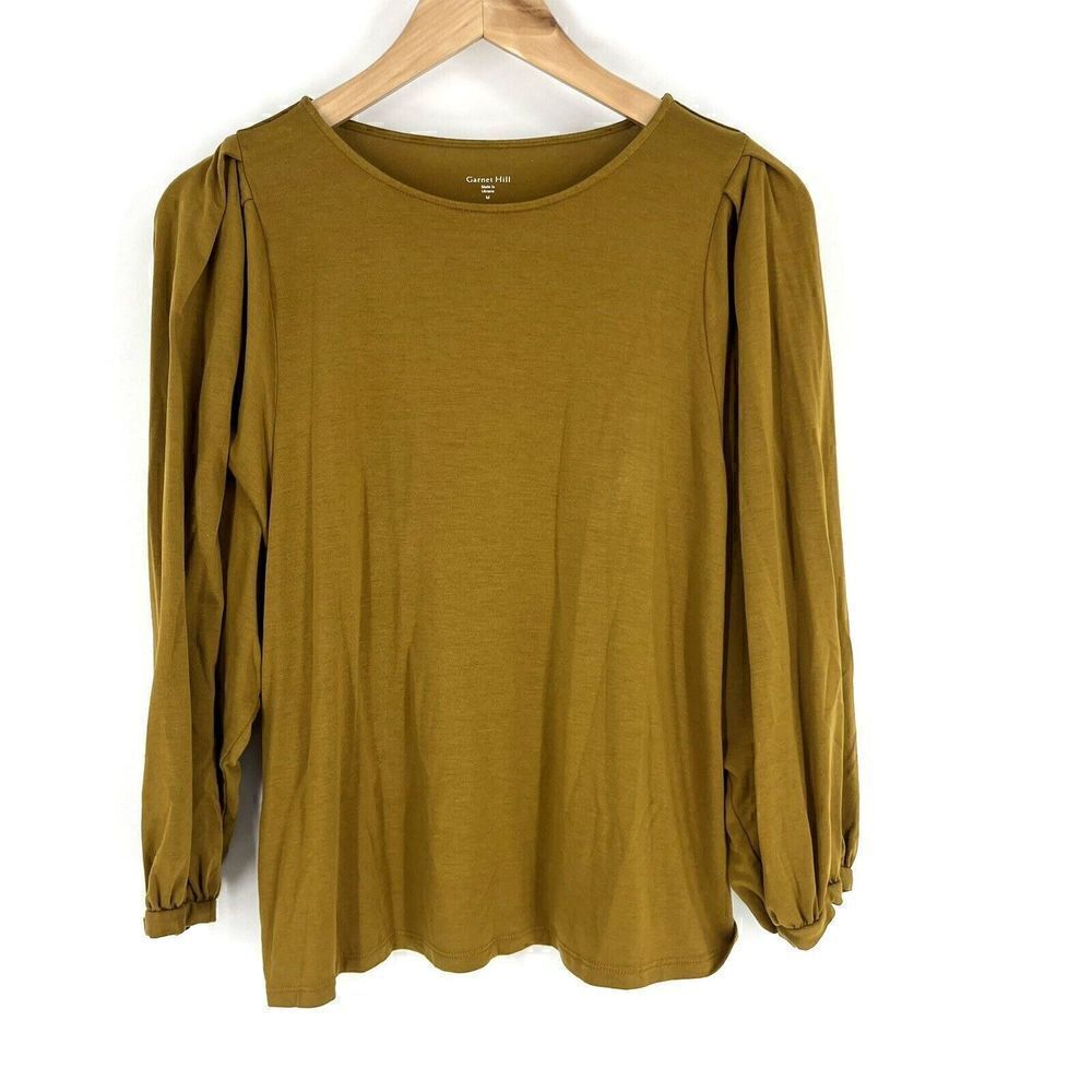 Garnet Hill Shirt Size Medium Women Mustard Marlowe Comfort Knit Top Puff Sleeve